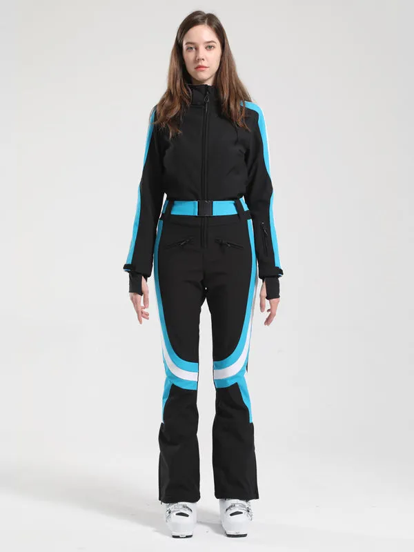 Women's Gsou Snow Retro Belted Stripe Flare Ski Jumpsuit