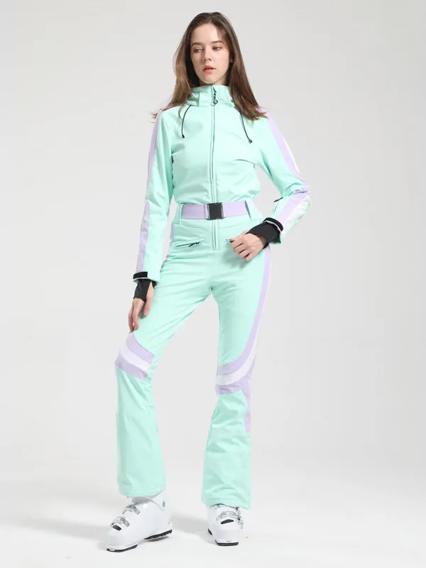 Women's Gsou Snow Retro Belted Stripe Flare Ski Jumpsuit