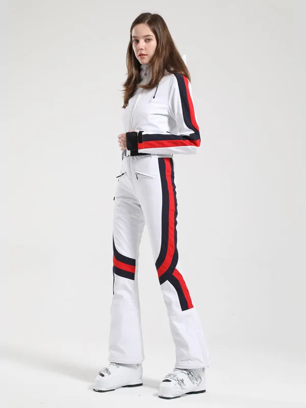 Women's Gsou Snow Retro Belted Stripe Flare Ski Jumpsuit