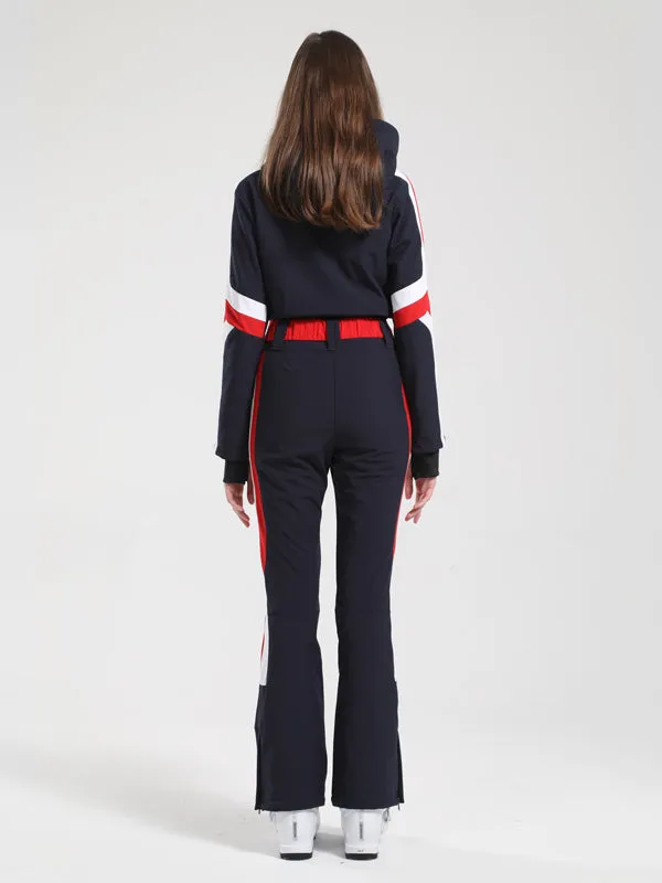 Women's Gsou Snow Retro Belted Stripe Flare Ski Jumpsuit