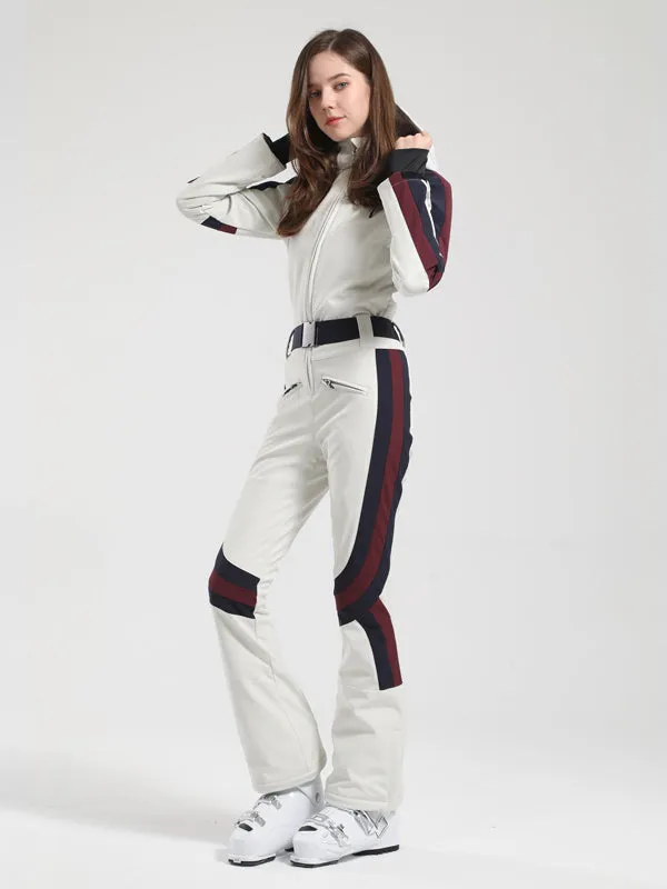 Women's Gsou Snow Retro Belted Stripe Flare Ski Jumpsuit