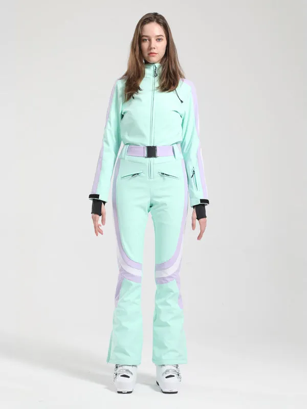 Women's Gsou Snow Retro Belted Stripe Flare Ski Jumpsuit