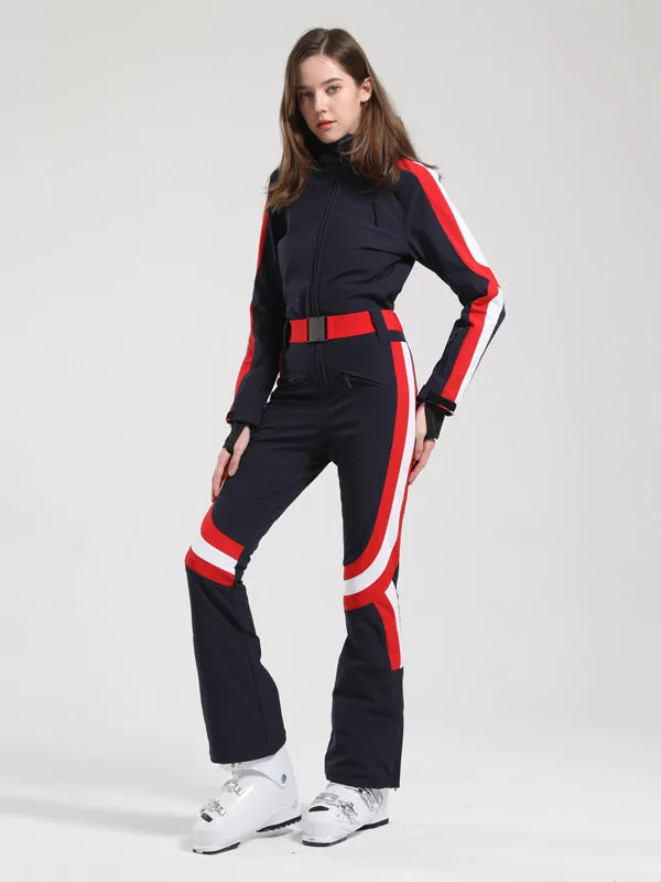 Women's Gsou Snow Retro Belted Stripe Flare Ski Jumpsuit