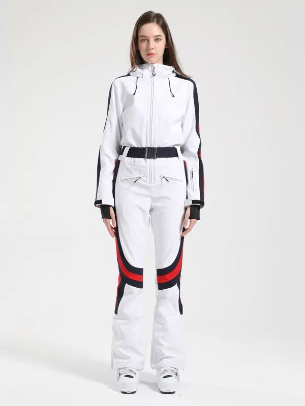 Women's Gsou Snow Retro Belted Stripe Flare Ski Jumpsuit