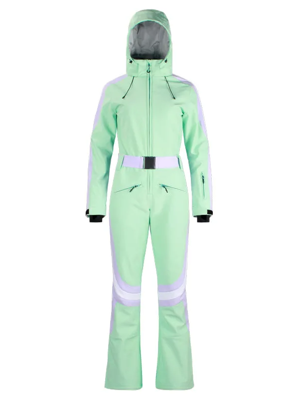 Women's Gsou Snow Retro Belted Stripe Flare Ski Jumpsuit