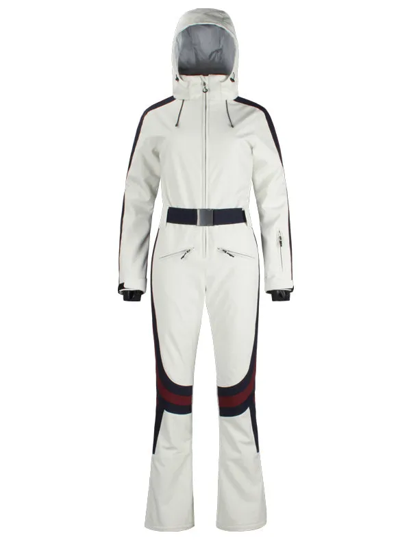 Women's Gsou Snow Retro Belted Stripe Flare Ski Jumpsuit