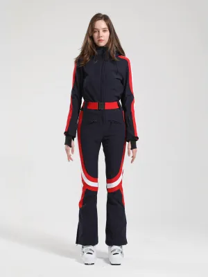 Women's Gsou Snow Retro Belted Stripe Flare Ski Jumpsuit