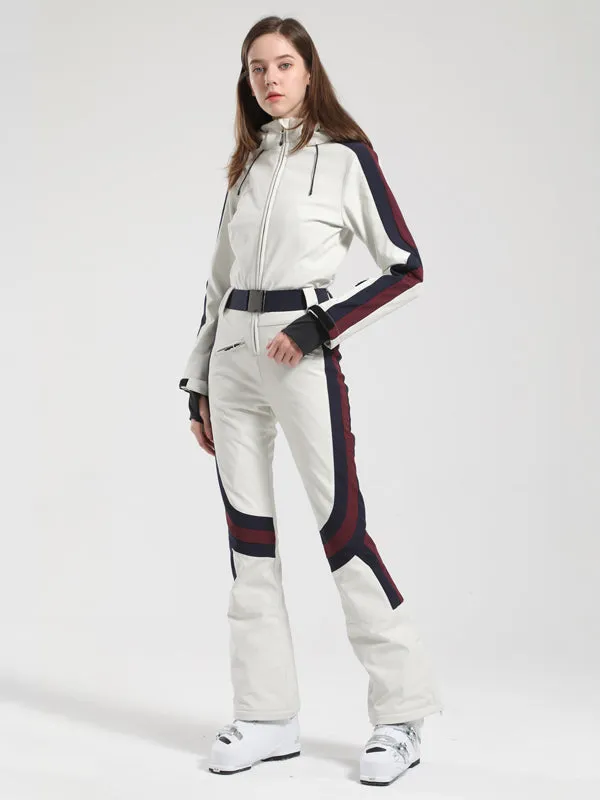 Women's Gsou Snow Retro Belted Stripe Flare Ski Jumpsuit