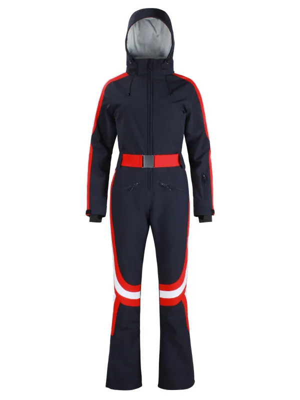 Women's Gsou Snow Retro Belted Stripe Flare Ski Jumpsuit