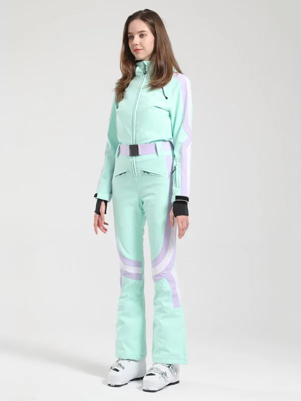 Women's Gsou Snow Retro Belted Stripe Flare Ski Jumpsuit