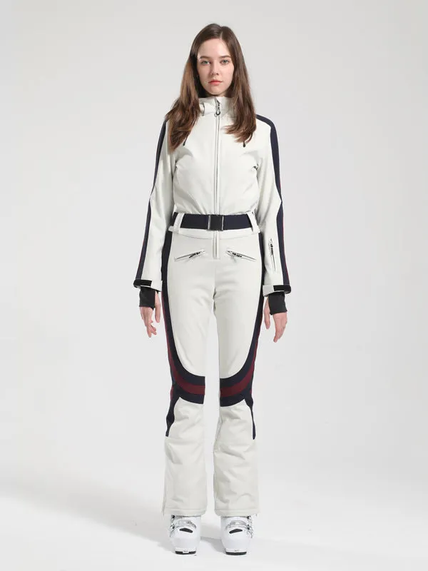 Women's Gsou Snow Retro Belted Stripe Flare Ski Jumpsuit