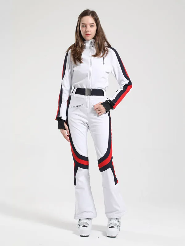 Women's Gsou Snow Retro Belted Stripe Flare Ski Jumpsuit