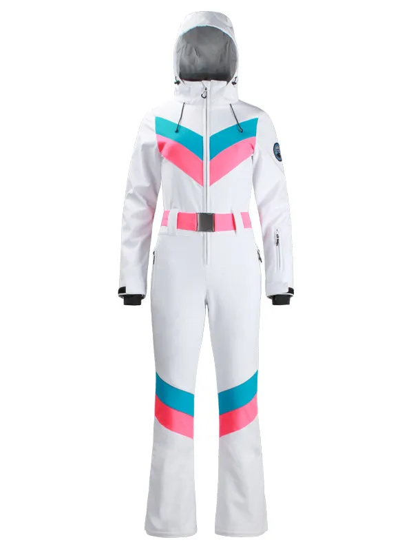 Women's Gsou Snow Retro Belted V Striped Flare Ski Jumpsuit