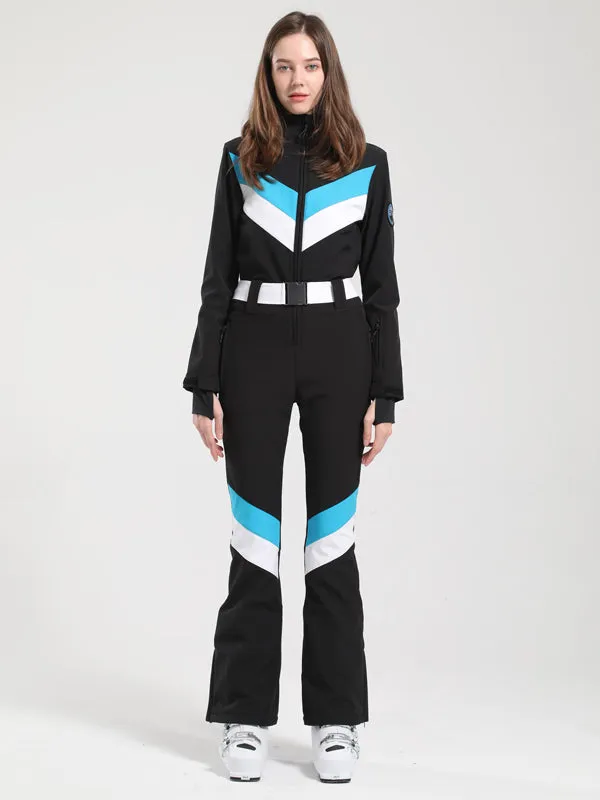 Women's Gsou Snow Retro Belted V Striped Flare Ski Jumpsuit