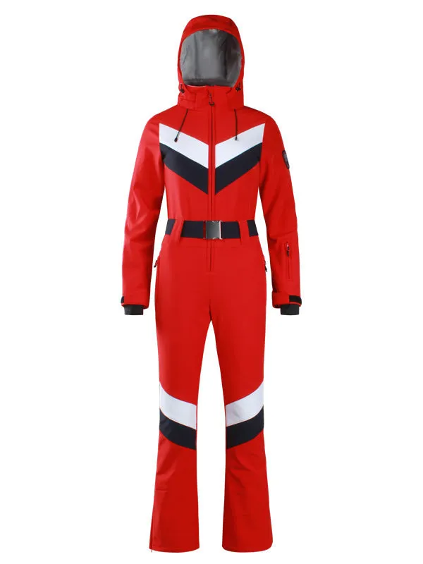 Women's Gsou Snow Retro Belted V Striped Flare Ski Jumpsuit