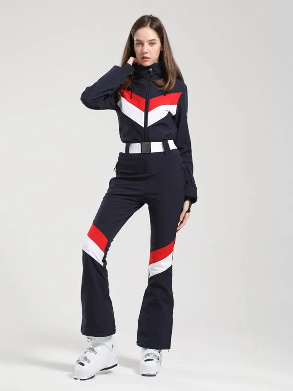 Women's Gsou Snow Retro Belted V Striped Flare Ski Jumpsuit