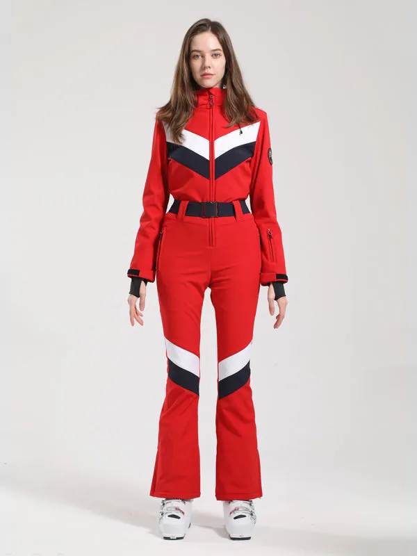 Women's Gsou Snow Retro Belted V Striped Flare Ski Jumpsuit