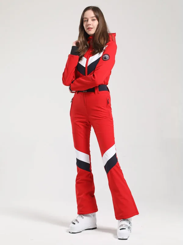 Women's Gsou Snow Retro Belted V Striped Flare Ski Jumpsuit