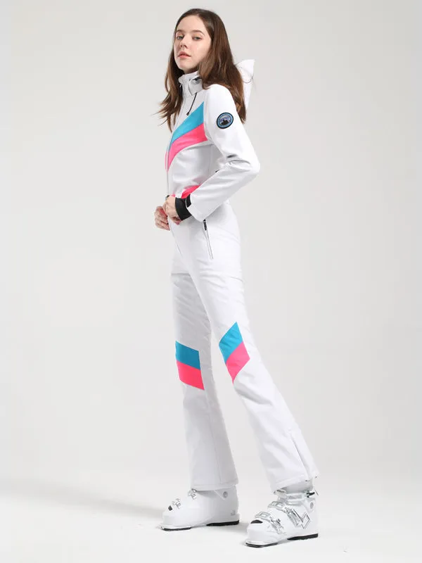 Women's Gsou Snow Retro Belted V Striped Flare Ski Jumpsuit