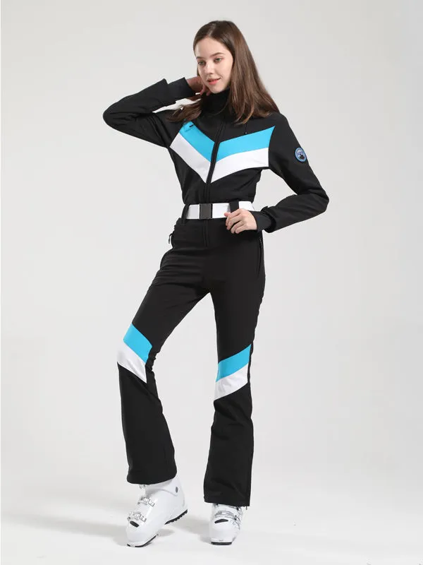 Women's Gsou Snow Retro Belted V Striped Flare Ski Jumpsuit