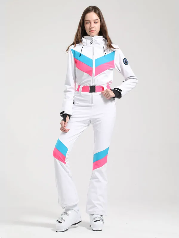 Women's Gsou Snow Retro Belted V Striped Flare Ski Jumpsuit