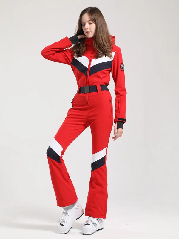 Women's Gsou Snow Retro Belted V Striped Flare Ski Jumpsuit