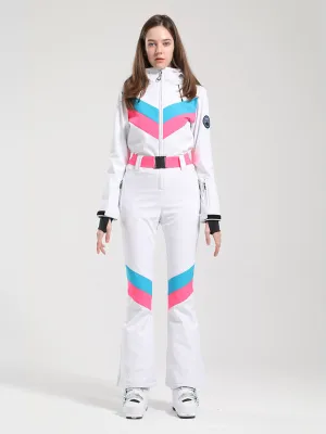 Women's Gsou Snow Retro Belted V Striped Flare Ski Jumpsuit