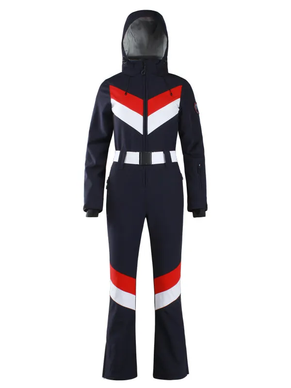 Women's Gsou Snow Retro Belted V Striped Flare Ski Jumpsuit