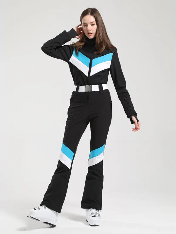 Women's Gsou Snow Retro Belted V Striped Flare Ski Jumpsuit