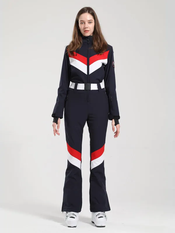 Women's Gsou Snow Retro Belted V Striped Flare Ski Jumpsuit