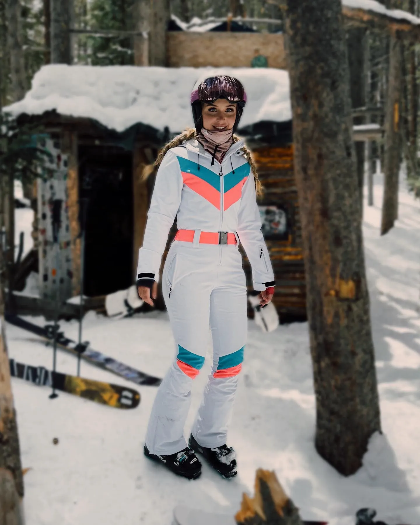 Women's Gsou Snow Retro Belted V Striped Flare Ski Jumpsuit