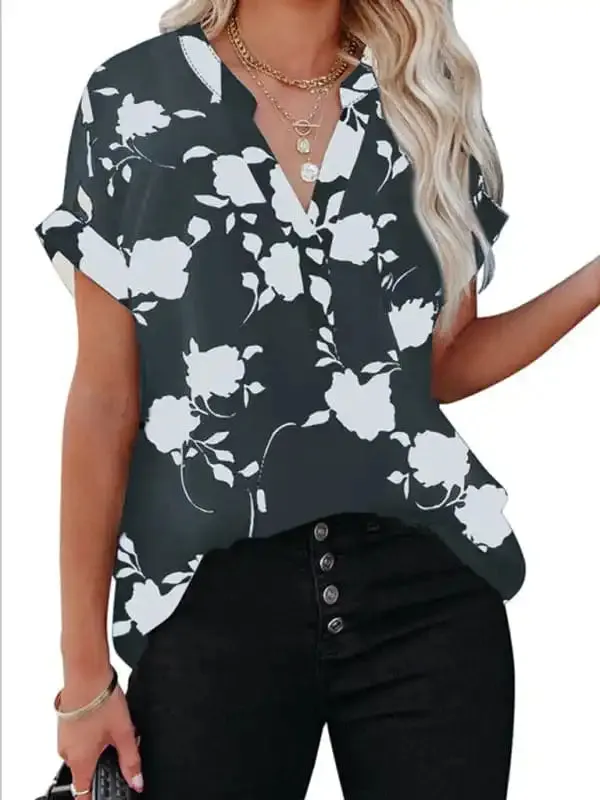 Women’s New Floral Print Casual V-Neck Short Sleeve Shirt