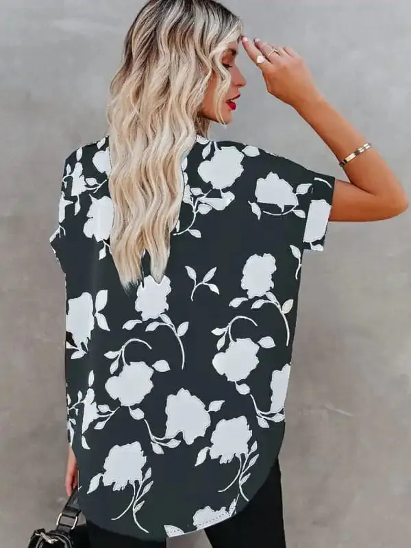 Women’s New Floral Print Casual V-Neck Short Sleeve Shirt