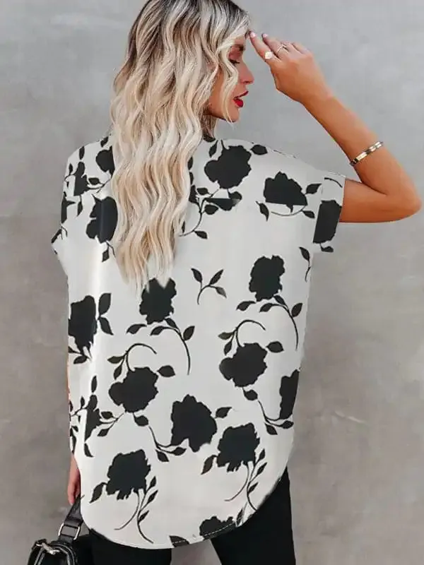 Women’s New Floral Print Casual V-Neck Short Sleeve Shirt